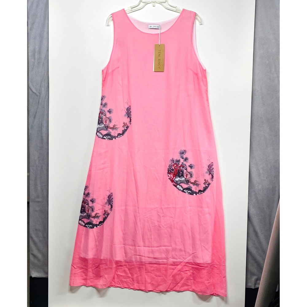 Tendency Pink Sleeveless Midi‎ Dress Oriental Landscape Print Size L with Slip